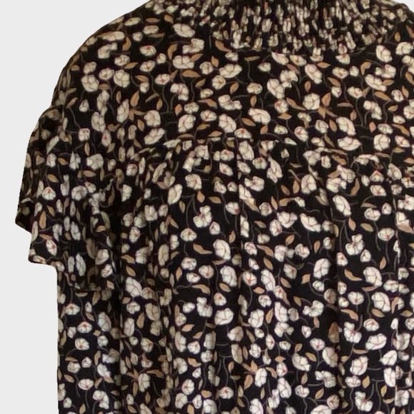 Pieces Black White Floral Flutter Long Sleeve Smocked Mock Neck Dress-Sz-XL - Picture 3 of 16